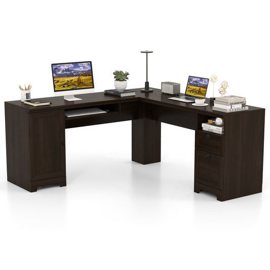 66 Inch L-Shaped Writing Study Workstation Computer Desk with Drawers, Dark Brown L-Shaped Desks Dark Brown at Gallery Canada