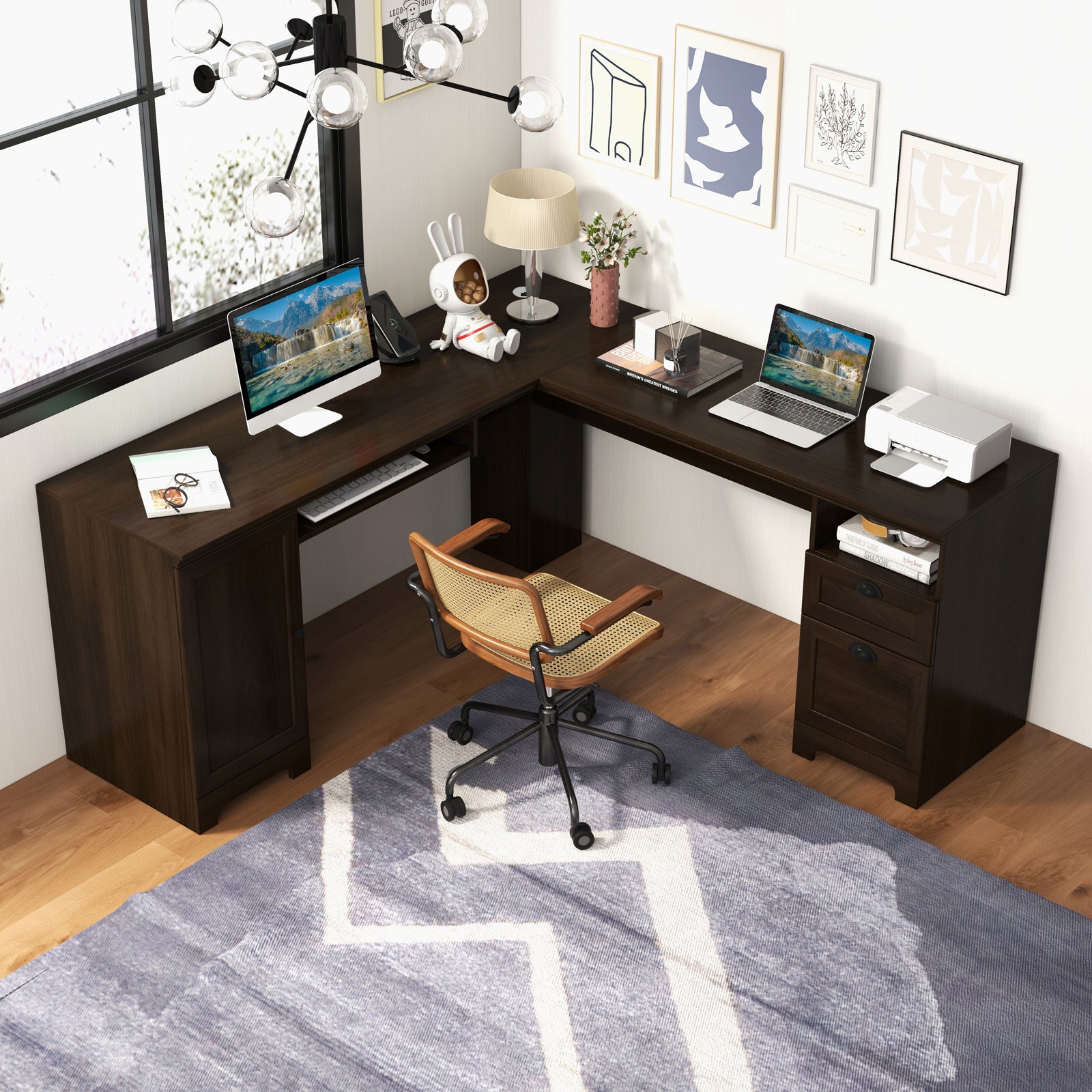 66 Inch L-Shaped Writing Study Workstation Computer Desk with Drawers, Dark Brown L-Shaped Desks at Gallery Canada