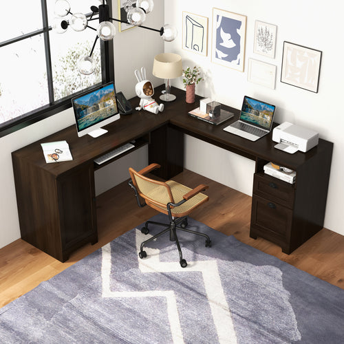 66 Inch L-Shaped Writing Study Workstation Computer Desk with Drawers, Dark Brown