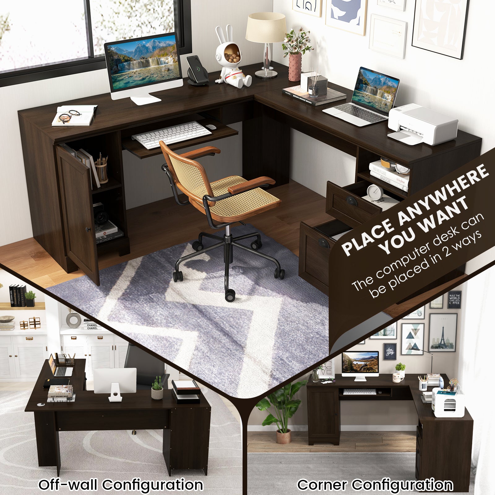 66 Inch L-Shaped Writing Study Workstation Computer Desk with Drawers, Dark Brown L-Shaped Desks at Gallery Canada