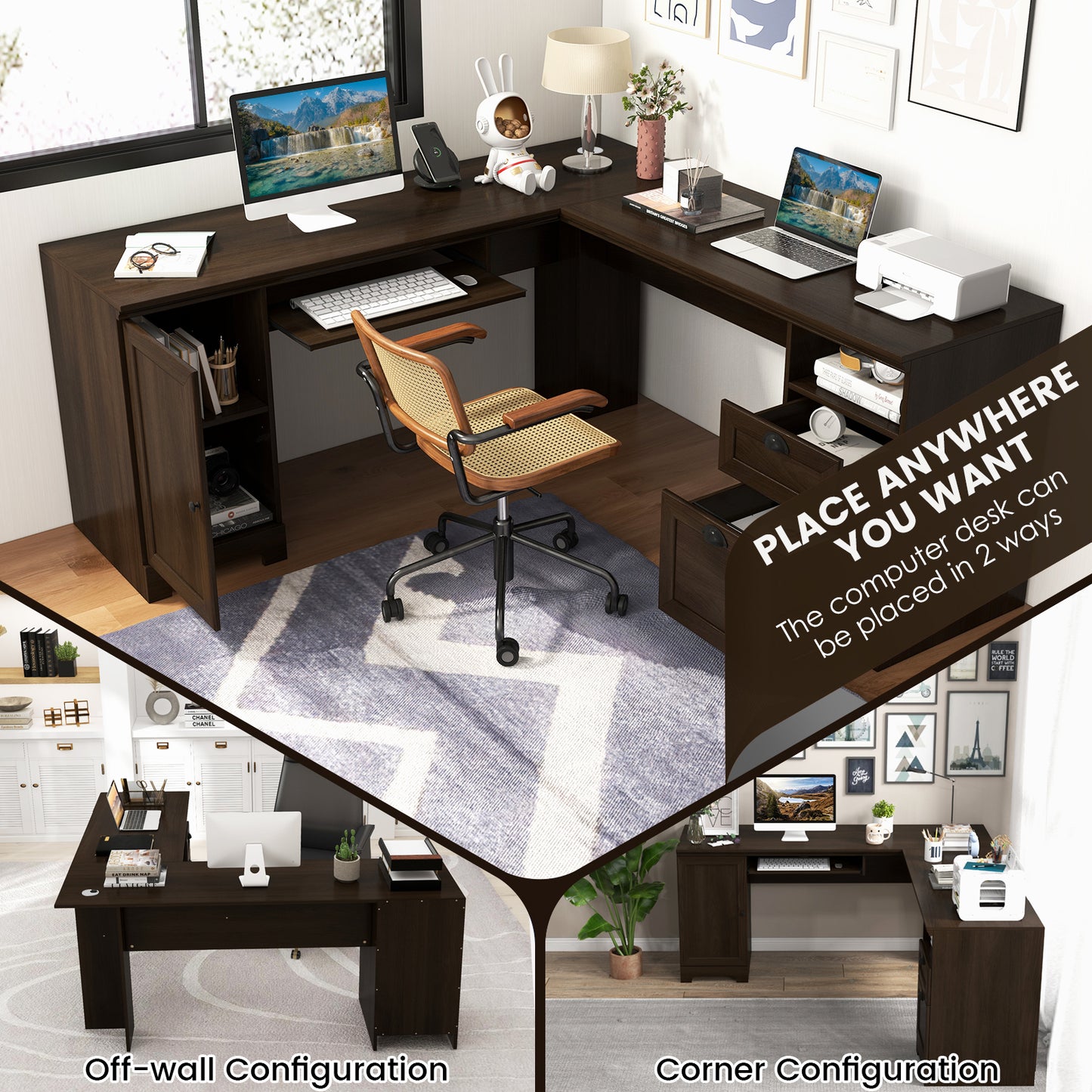 66 Inch L-Shaped Writing Study Workstation Computer Desk with Drawers, Dark Brown L-Shaped Desks at Gallery Canada