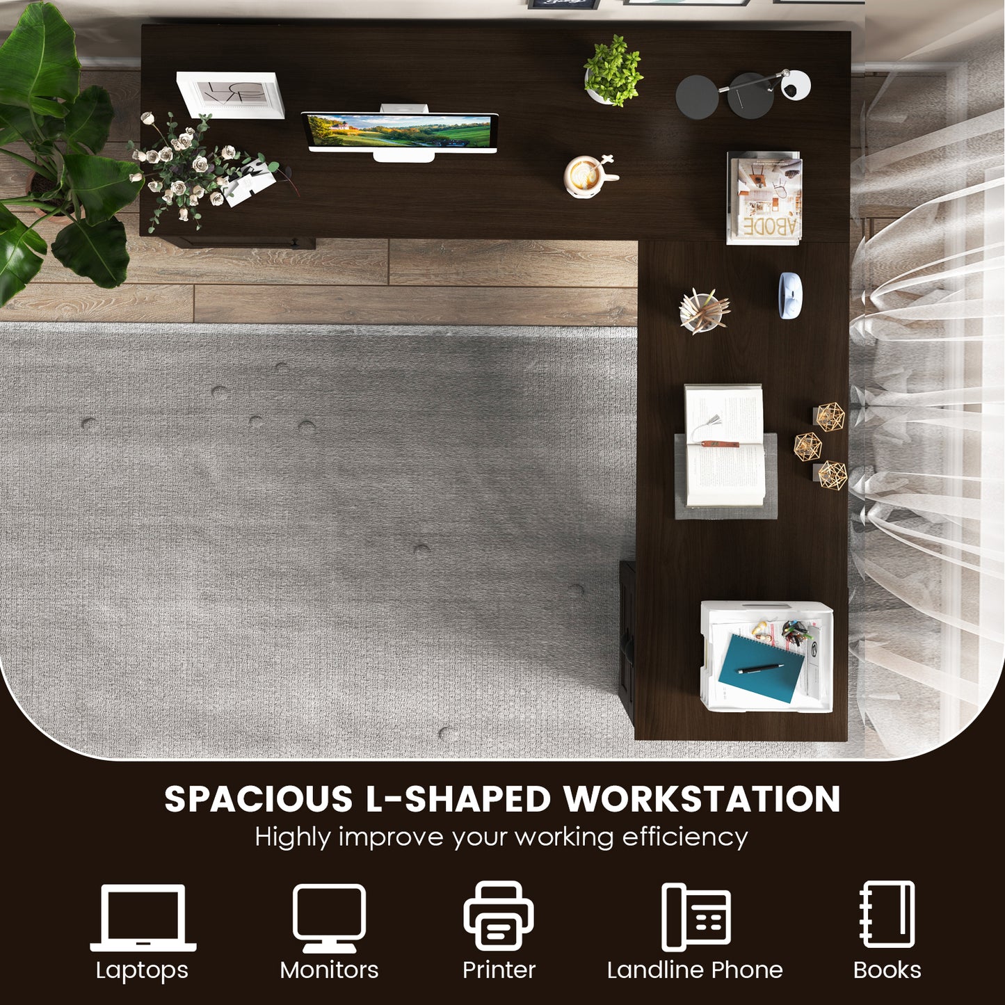 66 Inch L-Shaped Writing Study Workstation Computer Desk with Drawers, Dark Brown L-Shaped Desks at Gallery Canada