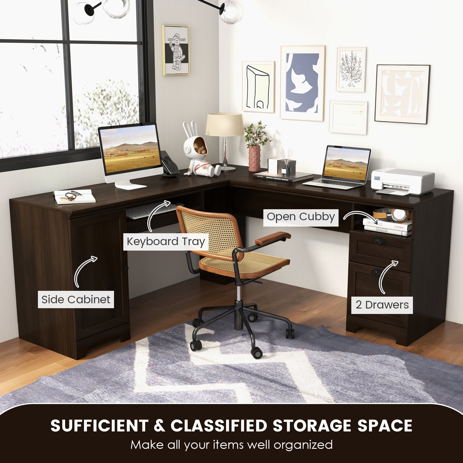 66 Inch L-Shaped Writing Study Workstation Computer Desk with Drawers, Dark Brown L-Shaped Desks at Gallery Canada