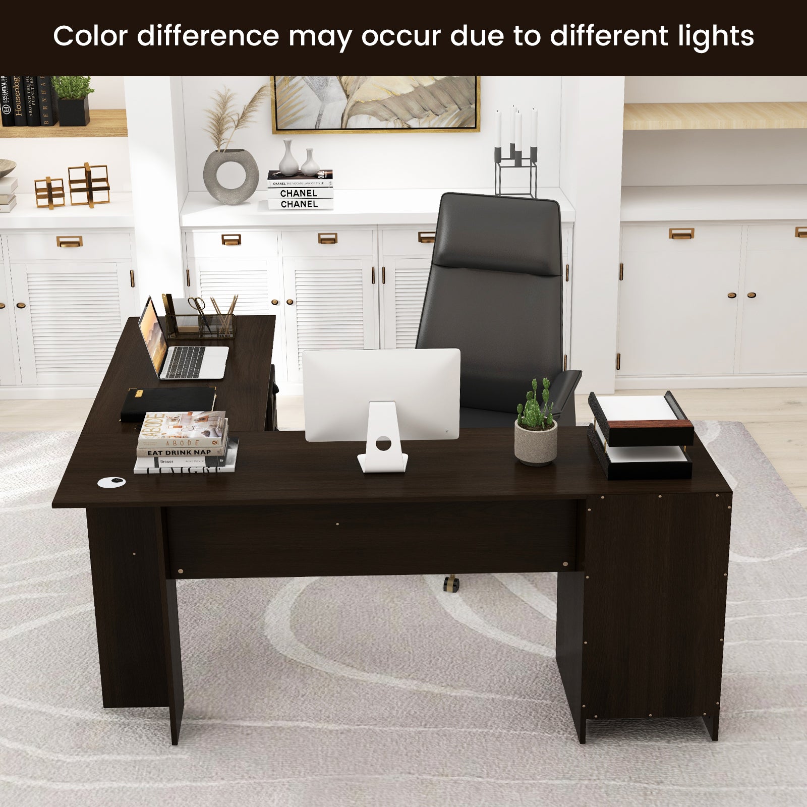 66 Inch L-Shaped Writing Study Workstation Computer Desk with Drawers, Dark Brown L-Shaped Desks at Gallery Canada