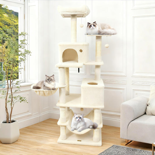 66 Inch Tall Cat Tree Multi-Level Cat Tower with 2 Condos Sisal Scratching Posts, Beige Cat Trees Condos & Scratchers Beige at Gallery Canada