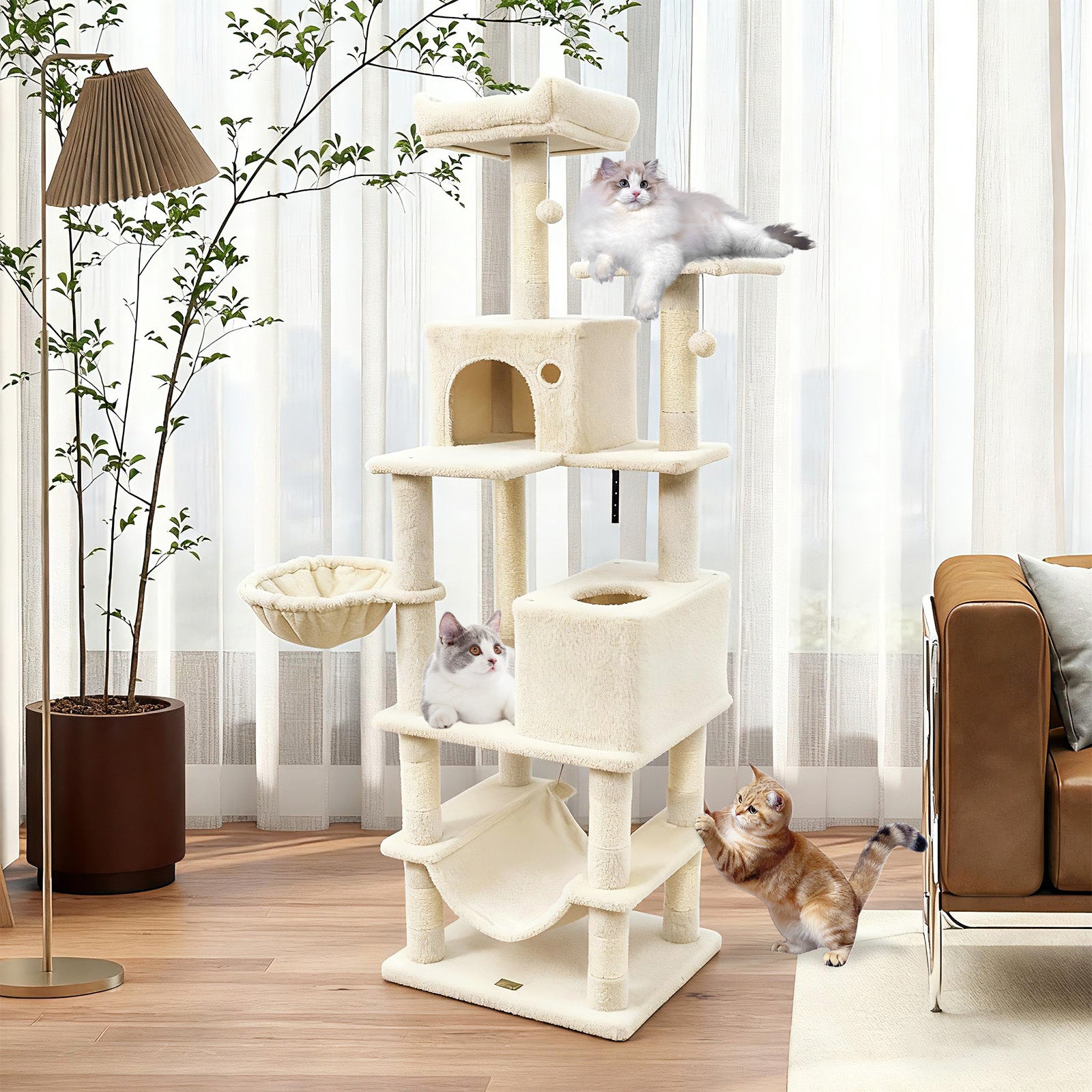 66 Inch Tall Cat Tree Multi-Level Cat Tower with 2 Condos Sisal Scratching Posts, Beige Cat Trees Condos & Scratchers at Gallery Canada