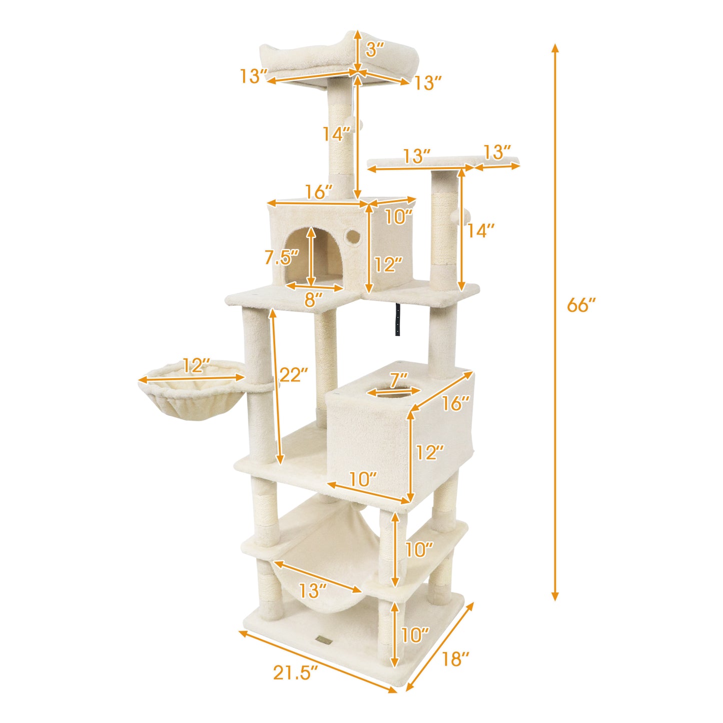 66 Inch Tall Cat Tree Multi-Level Cat Tower with 2 Condos Sisal Scratching Posts, Beige Cat Trees Condos & Scratchers at Gallery Canada