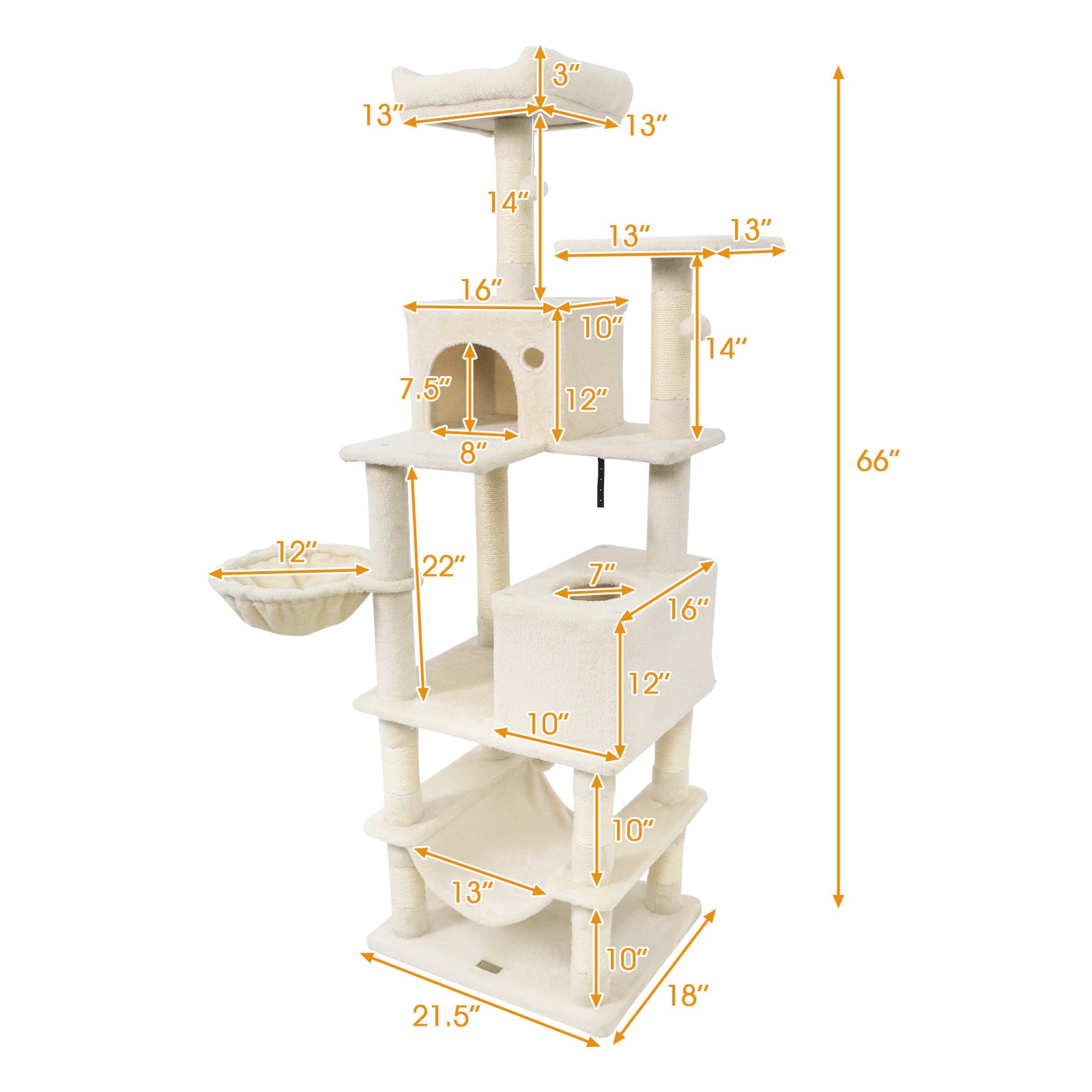 66 Inch Tall Cat Tree Multi-Level Cat Tower with 2 Condos Sisal Scratching Posts, Beige Cat Trees Condos & Scratchers at Gallery Canada