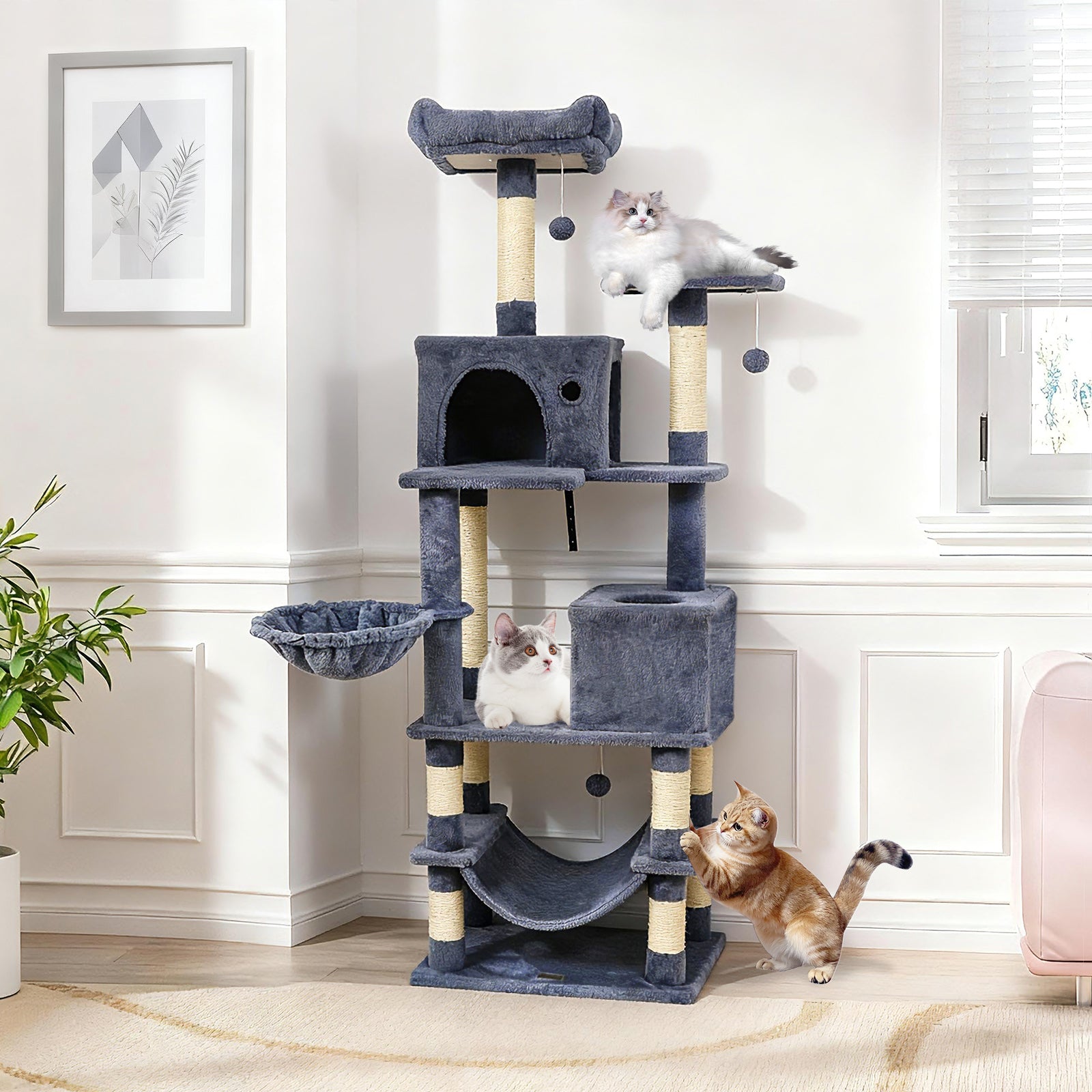 66 Inch Tall Cat Tree Multi-Level Cat Tower with 2 Condos Sisal Scratching Posts, Dark Gray Cat Trees Condos & Scratchers at Gallery Canada