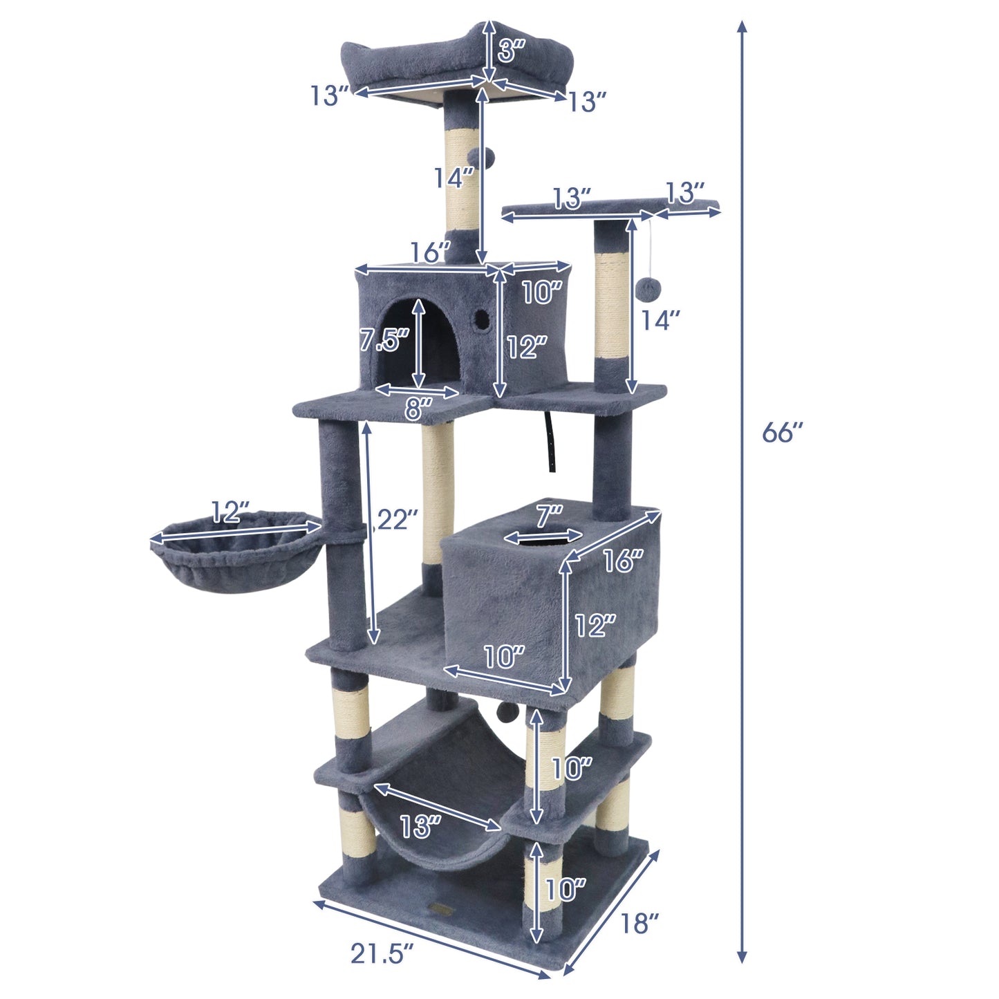 66 Inch Tall Cat Tree Multi-Level Cat Tower with 2 Condos Sisal Scratching Posts, Dark Gray Cat Trees Condos & Scratchers at Gallery Canada