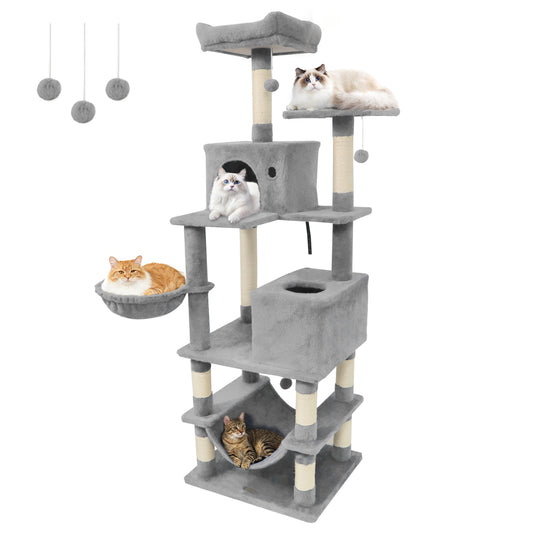 66 Inch Tall Cat Tree Multi-Level Cat Tower with 2 Condos Sisal Scratching Posts, Light Gray Cat Trees Condos & Scratchers Light Gray at Gallery Canada