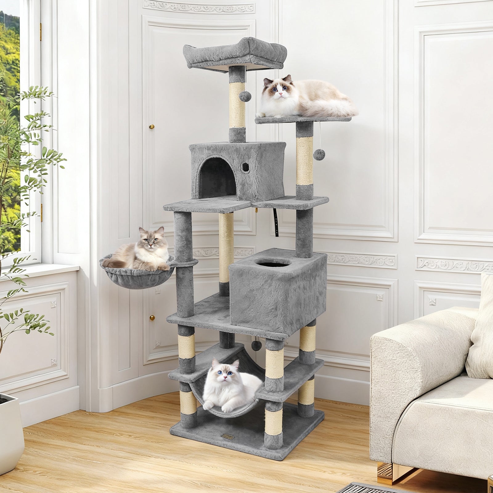 66 Inch Tall Cat Tree Multi-Level Cat Tower with 2 Condos Sisal Scratching Posts, Light Gray Cat Trees Condos & Scratchers at Gallery Canada