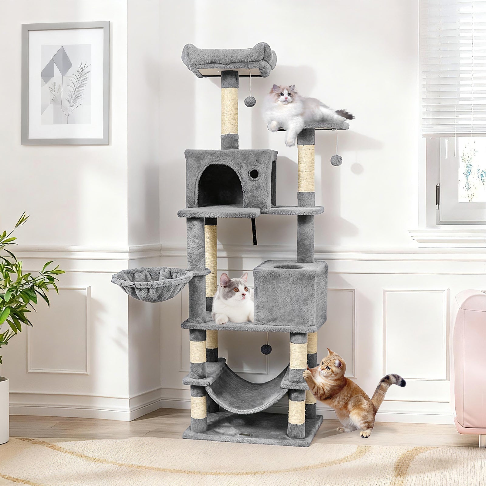 66 Inch Tall Cat Tree Multi-Level Cat Tower with 2 Condos Sisal Scratching Posts, Light Gray Cat Trees Condos & Scratchers at Gallery Canada