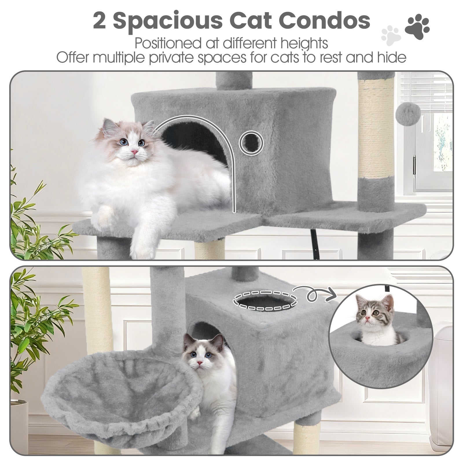 66 Inch Tall Cat Tree Multi-Level Cat Tower with 2 Condos Sisal Scratching Posts, Light Gray Cat Trees Condos & Scratchers at Gallery Canada