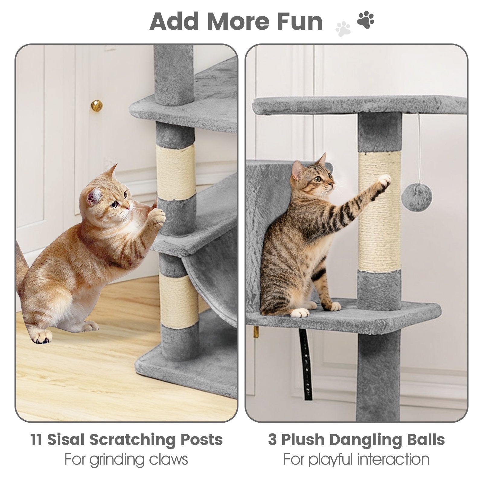 66 Inch Tall Cat Tree Multi-Level Cat Tower with 2 Condos Sisal Scratching Posts, Light Gray Cat Trees Condos & Scratchers at Gallery Canada