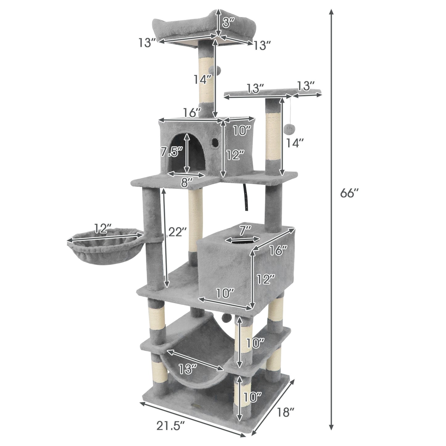 66 Inch Tall Cat Tree Multi-Level Cat Tower with 2 Condos Sisal Scratching Posts, Light Gray Cat Trees Condos & Scratchers at Gallery Canada