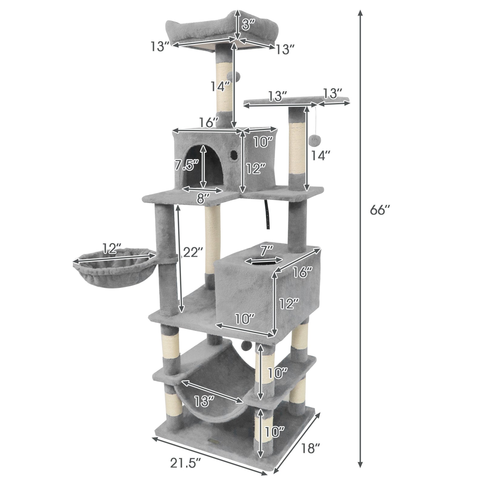 66 Inch Tall Cat Tree Multi-Level Cat Tower with 2 Condos Sisal Scratching Posts, Light Gray Cat Trees Condos & Scratchers at Gallery Canada