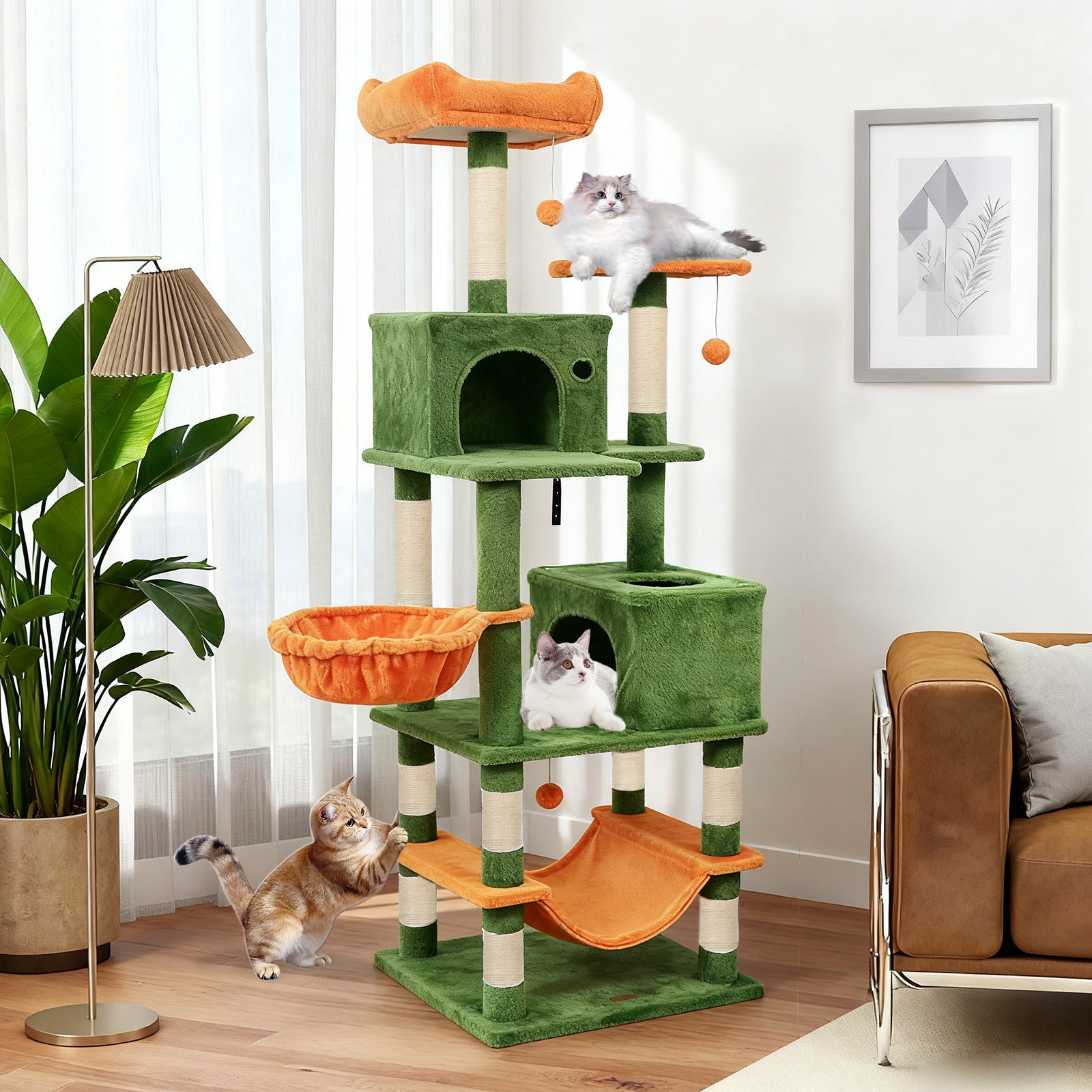 66 Inch Tall Cat Tree Multi-Level Cat Tower with 2 Condos Sisal Scratching Posts, Green Cat Trees Condos & Scratchers at Gallery Canada