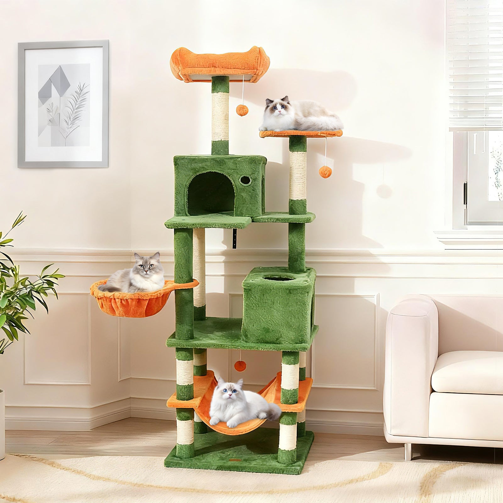 66 Inch Tall Cat Tree Multi-Level Cat Tower with 2 Condos Sisal Scratching Posts, Green Cat Trees Condos & Scratchers at Gallery Canada
