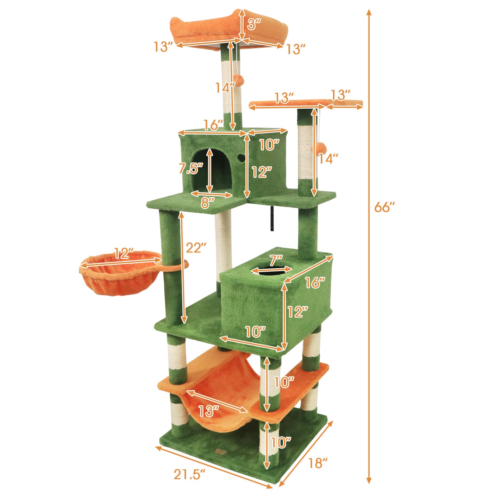 66 Inch Tall Cat Tree Multi-Level Cat Tower with 2 Condos Sisal Scratching Posts, Green Cat Trees Condos & Scratchers at Gallery Canada