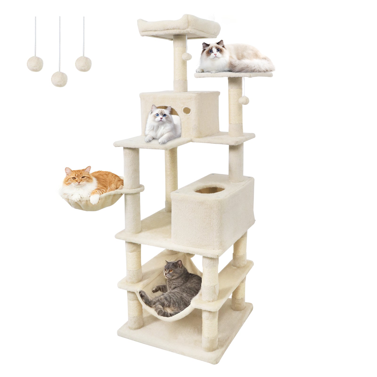 66 Inch Tall Cat Tree Multi-Level Cat Tower with 2 Condos Sisal Scratching Posts, Beige Cat Trees Condos & Scratchers at Gallery Canada