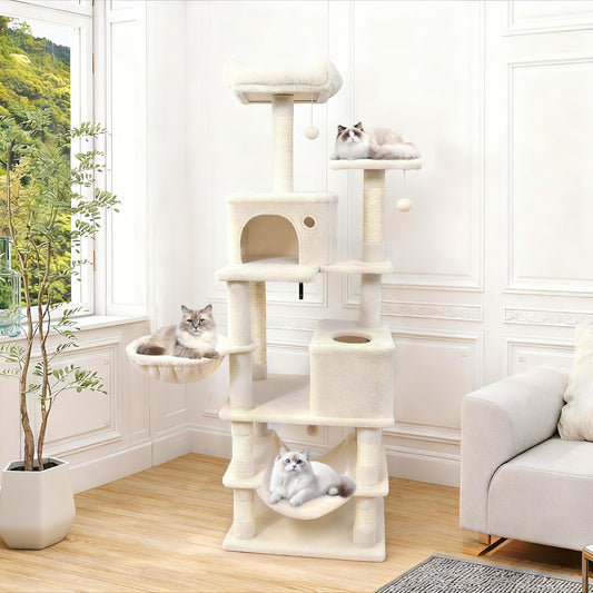 66 Inch Tall Cat Tree Multi-Level Cat Tower with 2 Condos Sisal Scratching Posts, Beige Cat Trees Condos & Scratchers Beige at Gallery Canada