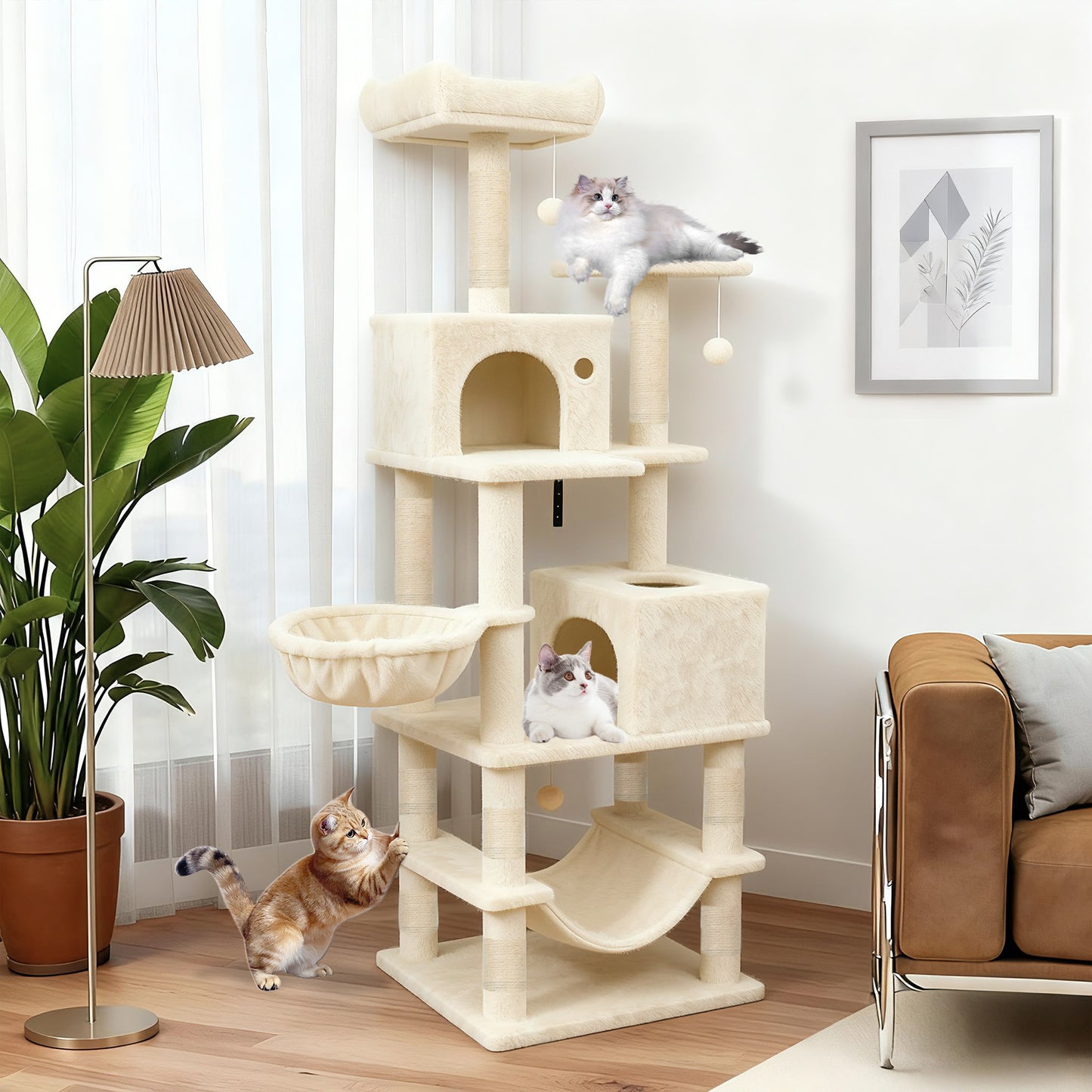 66 Inch Tall Cat Tree Multi-Level Cat Tower with 2 Condos Sisal Scratching Posts, Beige Cat Trees Condos & Scratchers at Gallery Canada