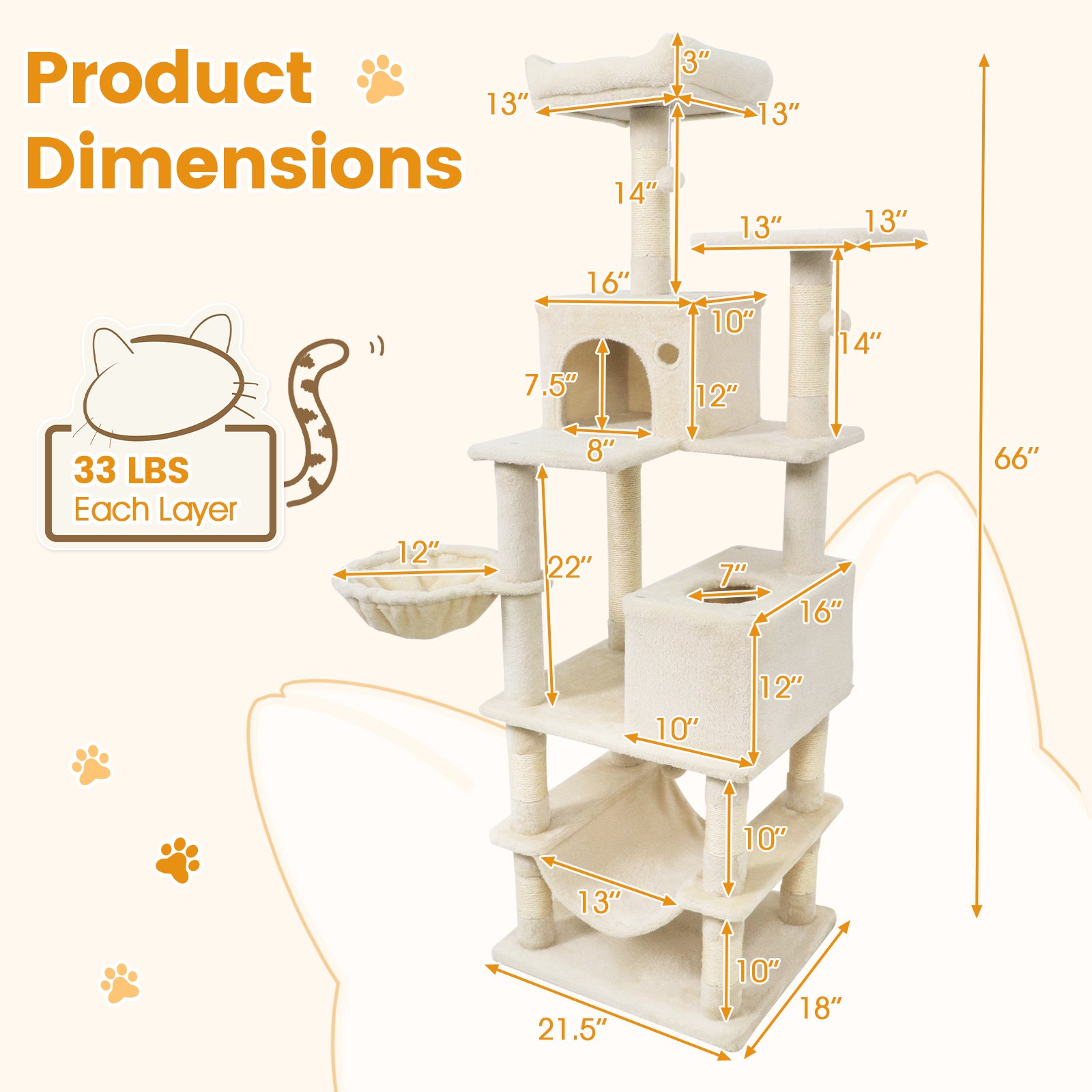 66 Inch Tall Cat Tree Multi-Level Cat Tower with 2 Condos Sisal Scratching Posts, Beige Cat Trees Condos & Scratchers at Gallery Canada
