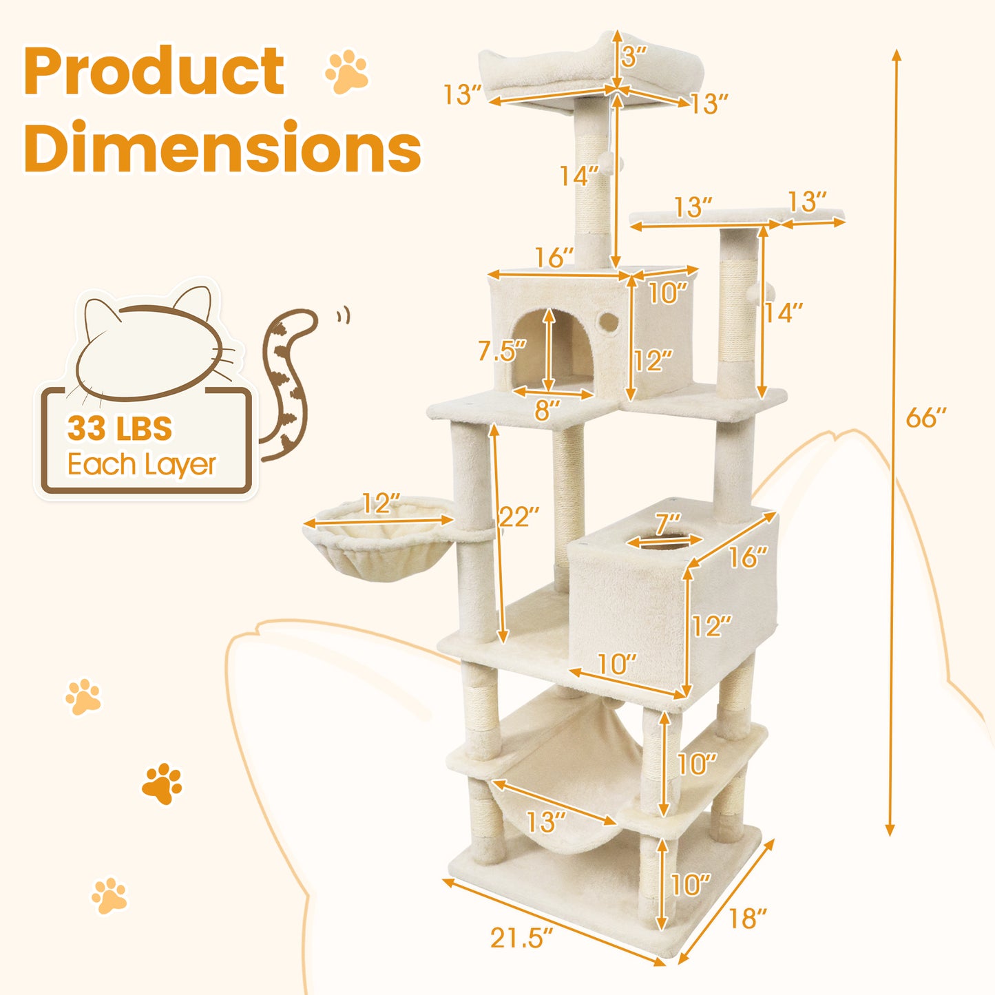 66 Inch Tall Cat Tree Multi-Level Cat Tower with 2 Condos Sisal Scratching Posts, Beige Cat Trees Condos & Scratchers at Gallery Canada