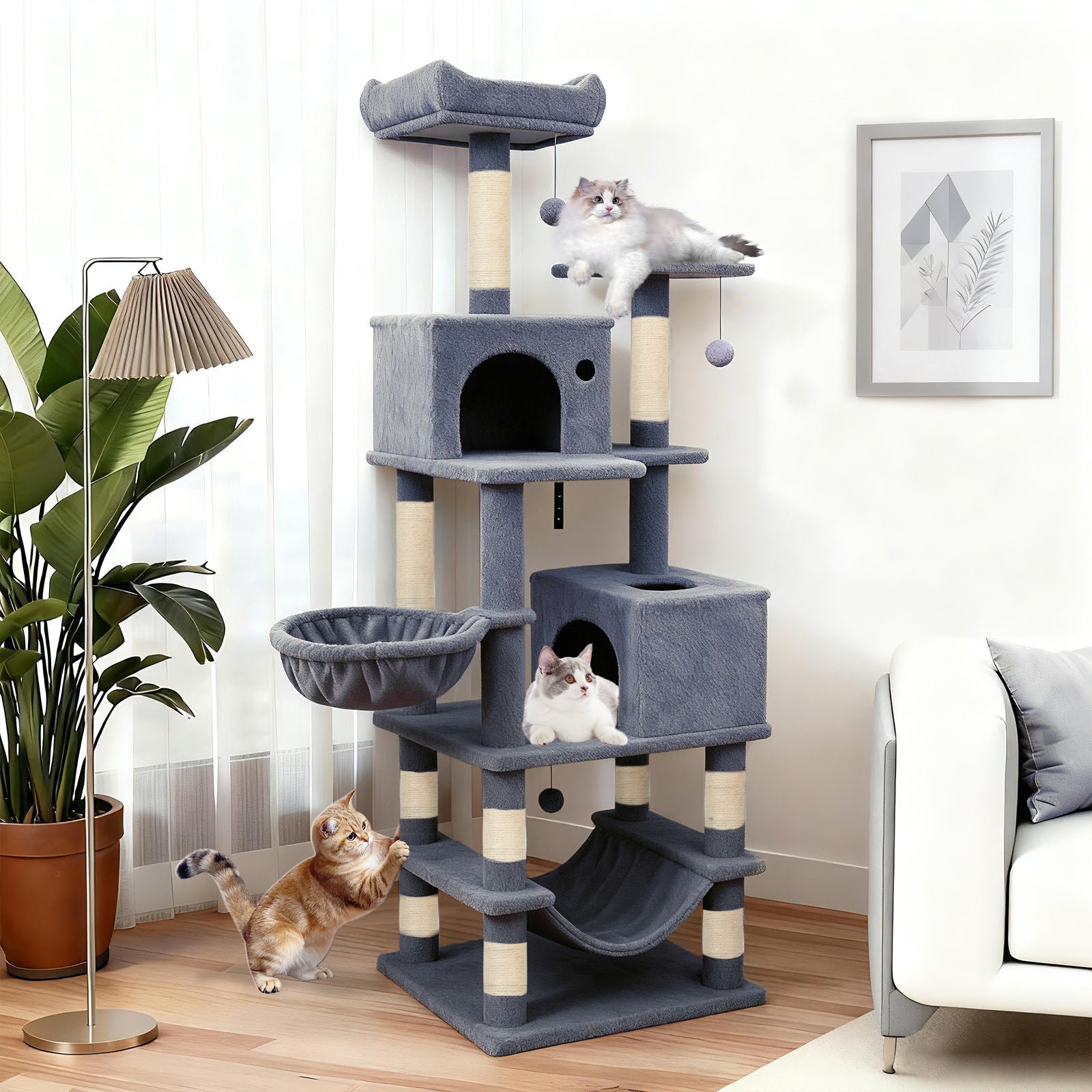 66 Inch Tall Cat Tree Multi-Level Cat Tower with 2 Condos Sisal Scratching Posts, Dark Gray Cat Trees Condos & Scratchers at Gallery Canada