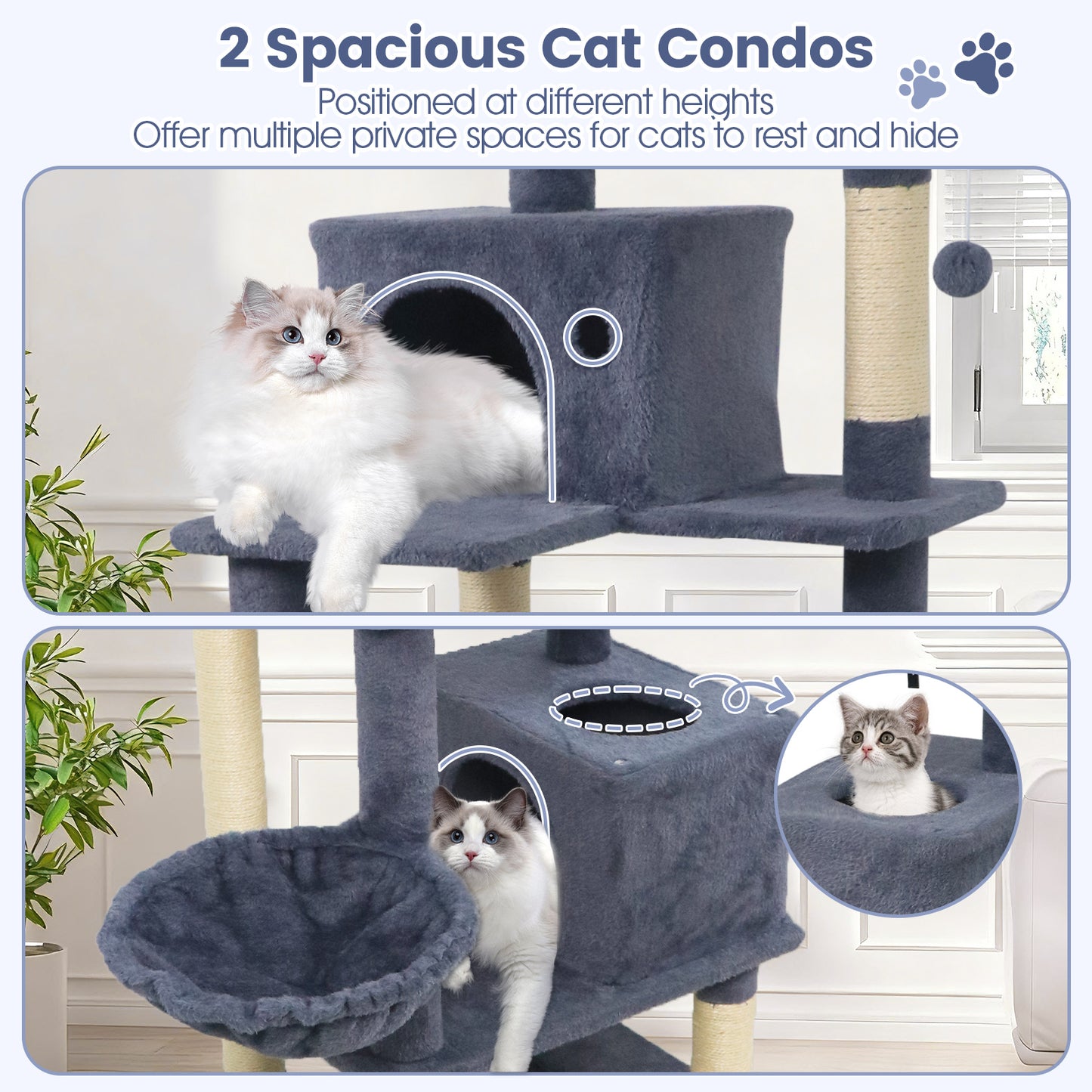 66 Inch Tall Cat Tree Multi-Level Cat Tower with 2 Condos Sisal Scratching Posts, Dark Gray Cat Trees Condos & Scratchers at Gallery Canada