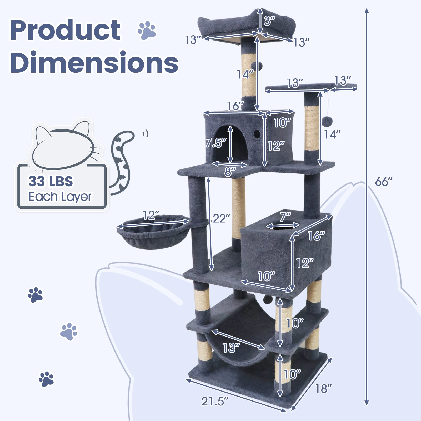 66 Inch Tall Cat Tree Multi-Level Cat Tower with 2 Condos Sisal Scratching Posts, Dark Gray Cat Trees Condos & Scratchers at Gallery Canada