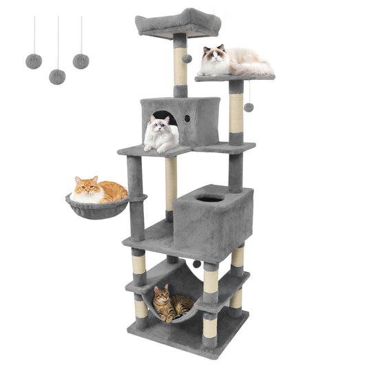 66 Inch Tall Cat Tree Multi-Level Cat Tower with 2 Condos Sisal Scratching Posts, Light Gray Cat Trees Condos & Scratchers Light Gray at Gallery Canada
