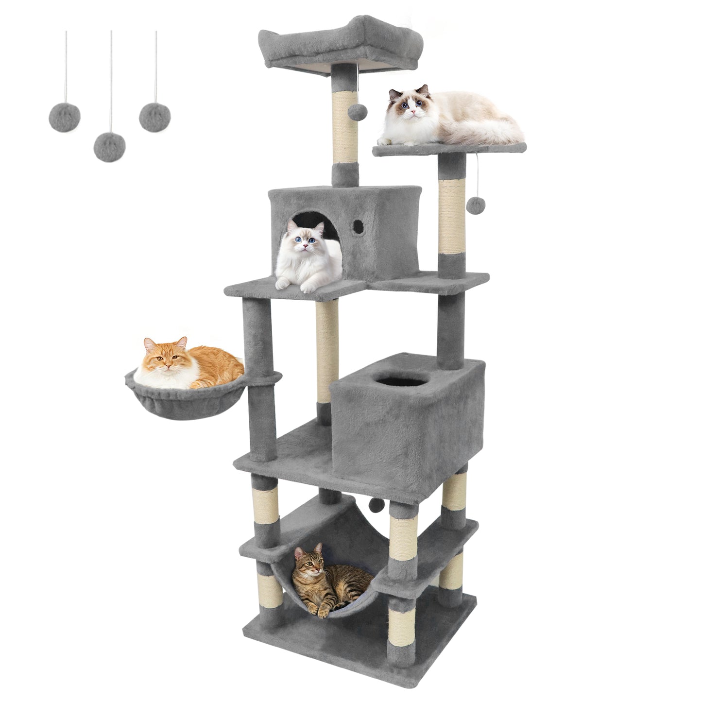 66 Inch Tall Cat Tree Multi-Level Cat Tower with 2 Condos Sisal Scratching Posts, Light Gray Cat Trees Condos & Scratchers Light Gray at Gallery Canada