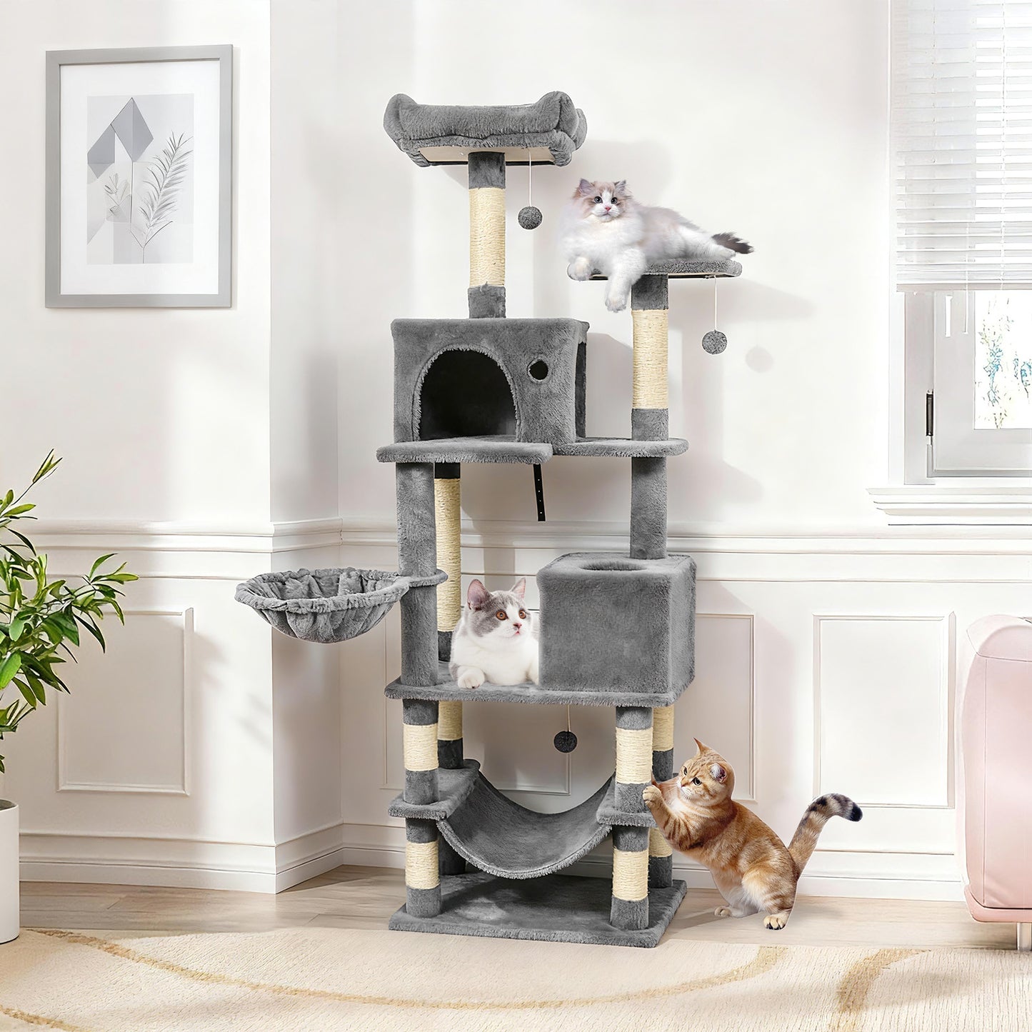 66 Inch Tall Cat Tree Multi-Level Cat Tower with 2 Condos Sisal Scratching Posts, Light Gray Cat Trees Condos & Scratchers at Gallery Canada