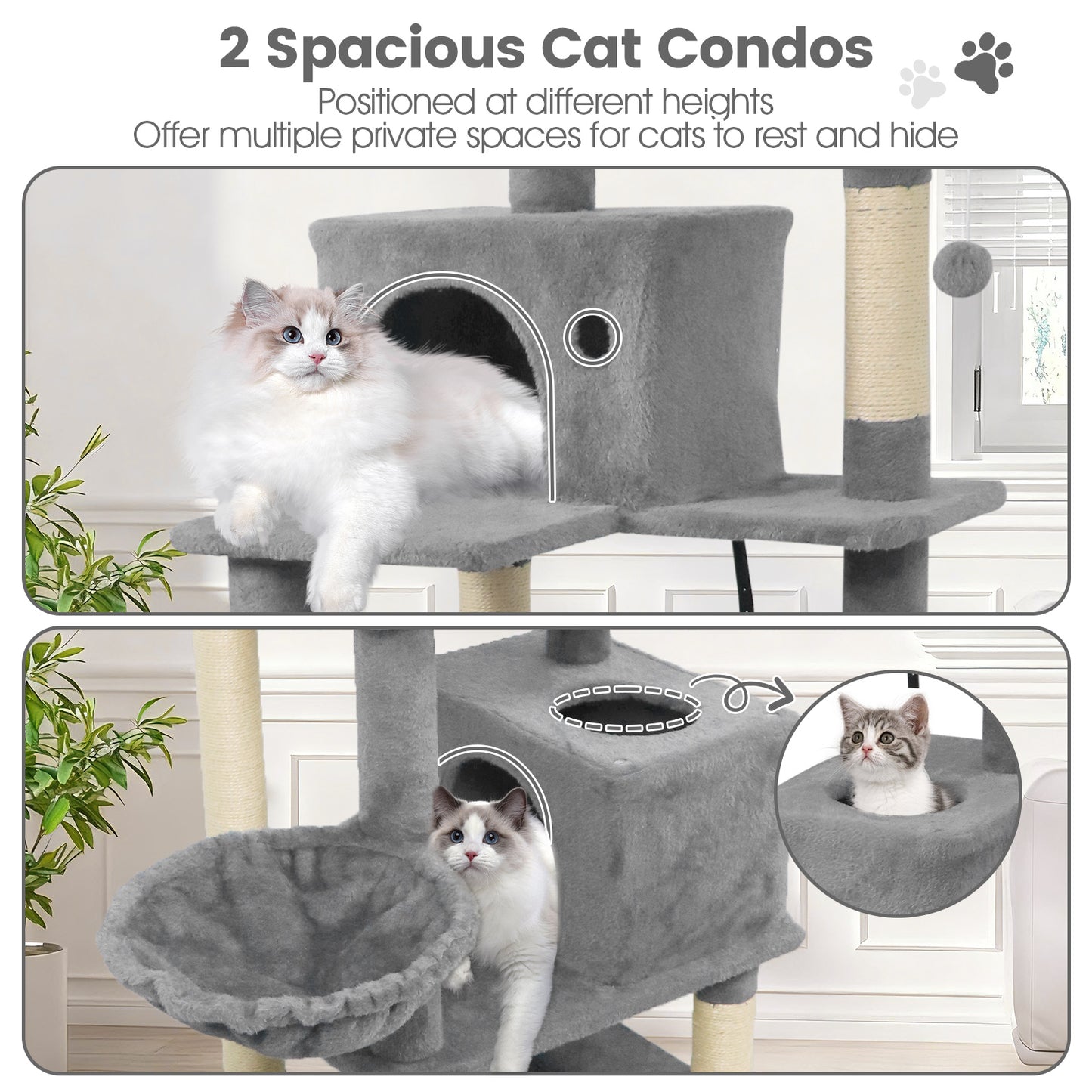 66 Inch Tall Cat Tree Multi-Level Cat Tower with 2 Condos Sisal Scratching Posts, Light Gray Cat Trees Condos & Scratchers at Gallery Canada