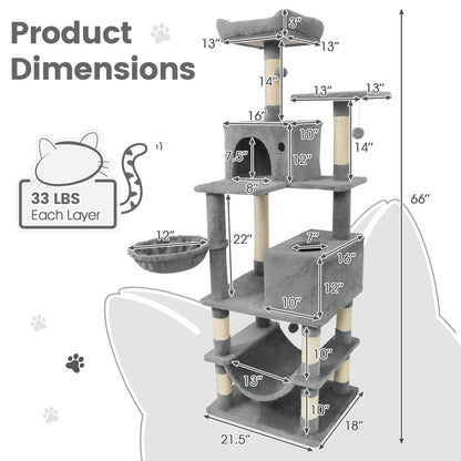 66 Inch Tall Cat Tree Multi-Level Cat Tower with 2 Condos Sisal Scratching Posts, Light Gray Cat Trees Condos & Scratchers at Gallery Canada