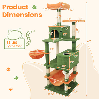 66 Inch Tall Cat Tree Multi-Level Cat Tower with 2 Condos Sisal Scratching Posts, Green Cat Trees Condos & Scratchers at Gallery Canada