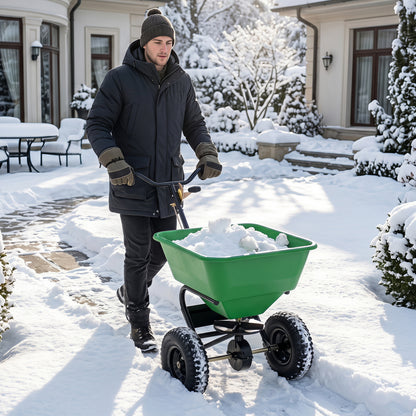 66 Lbs Walk-Behind Broadcast Spreader, 13-Inch All-Terrain Tires, Green