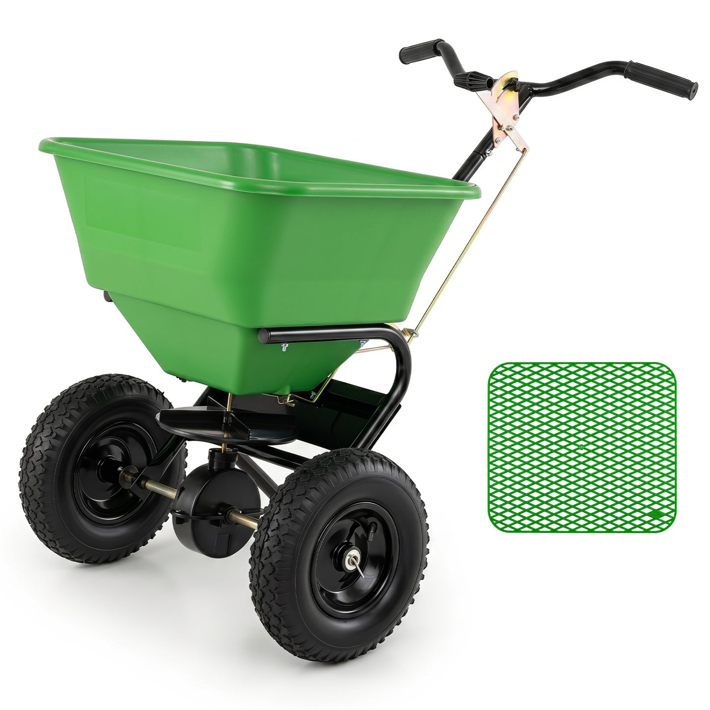 66 Lbs Walk-Behind Broadcast Spreader, 13-Inch All-Terrain Tires, Green
