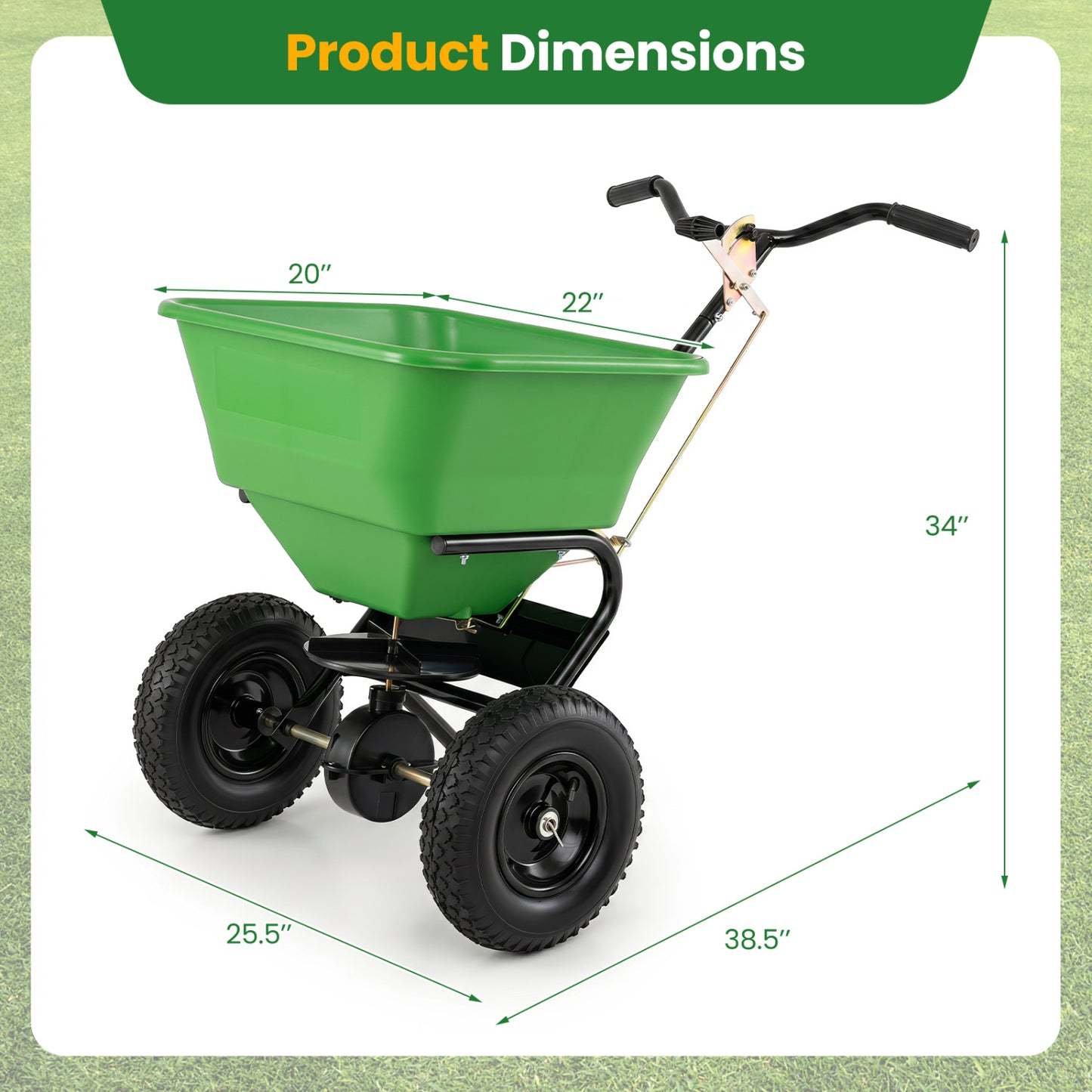 66 Lbs Walk-Behind Broadcast Spreader, 13-Inch All-Terrain Tires, Green