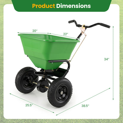 66 Lbs Walk-Behind Broadcast Spreader, 13-Inch All-Terrain Tires, Green
