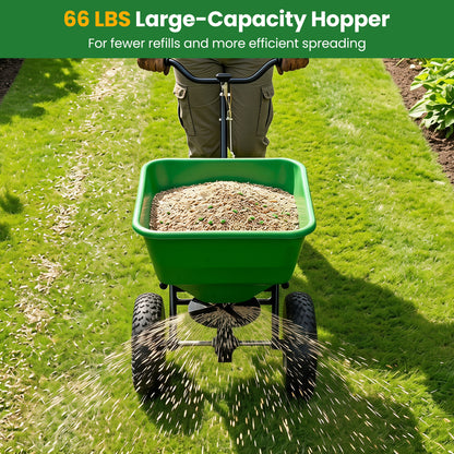 66 Lbs Walk-Behind Broadcast Spreader, 13-Inch All-Terrain Tires, Green