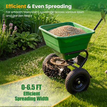 66 Lbs Walk-Behind Broadcast Spreader, 13-Inch All-Terrain Tires, Green