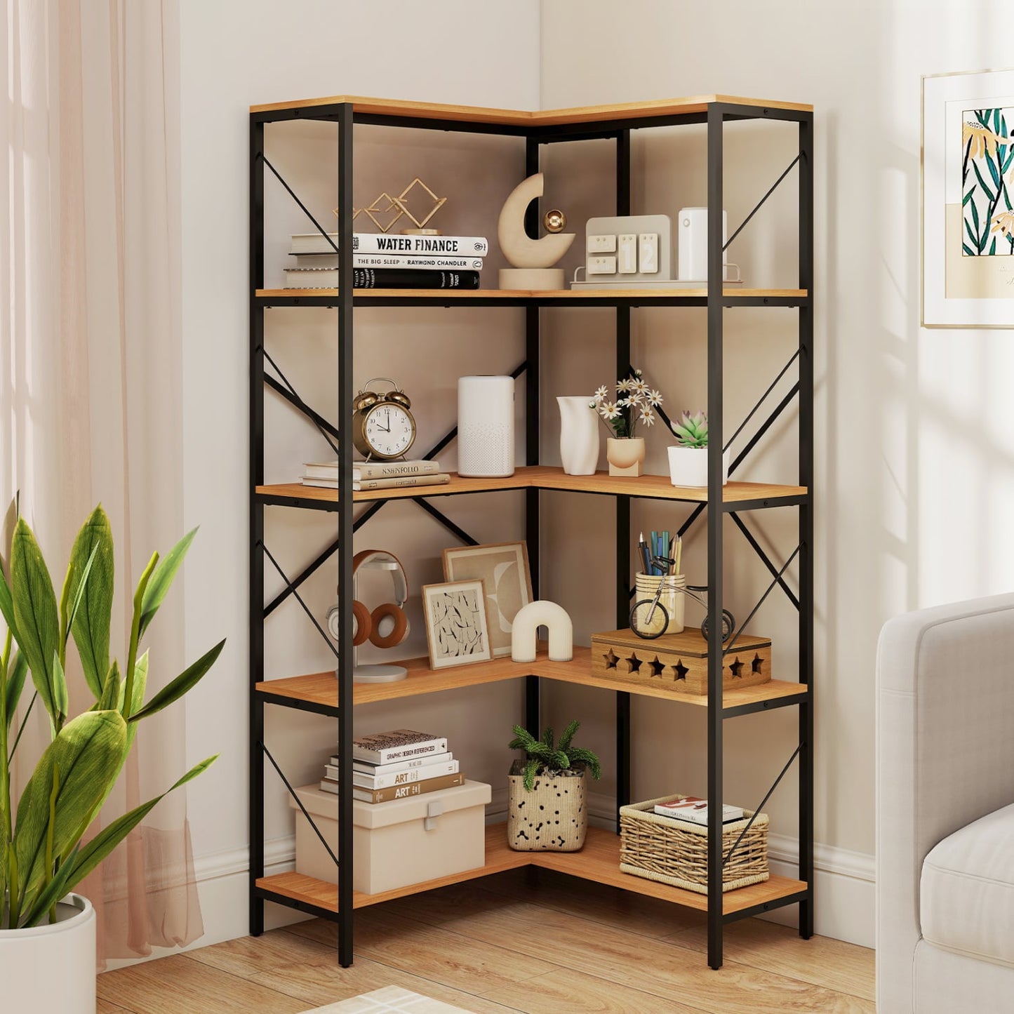 66" Tall 5-Tier L-Shaped Bookcase, Metal Frame, Brown