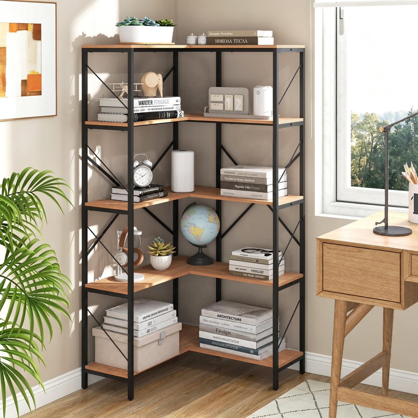 66" Tall 5-Tier L-Shaped Bookcase, Metal Frame, Brown