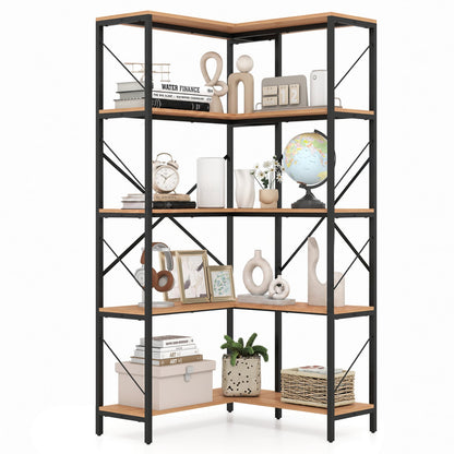 66" Tall 5-Tier L-Shaped Bookcase, Metal Frame, Brown