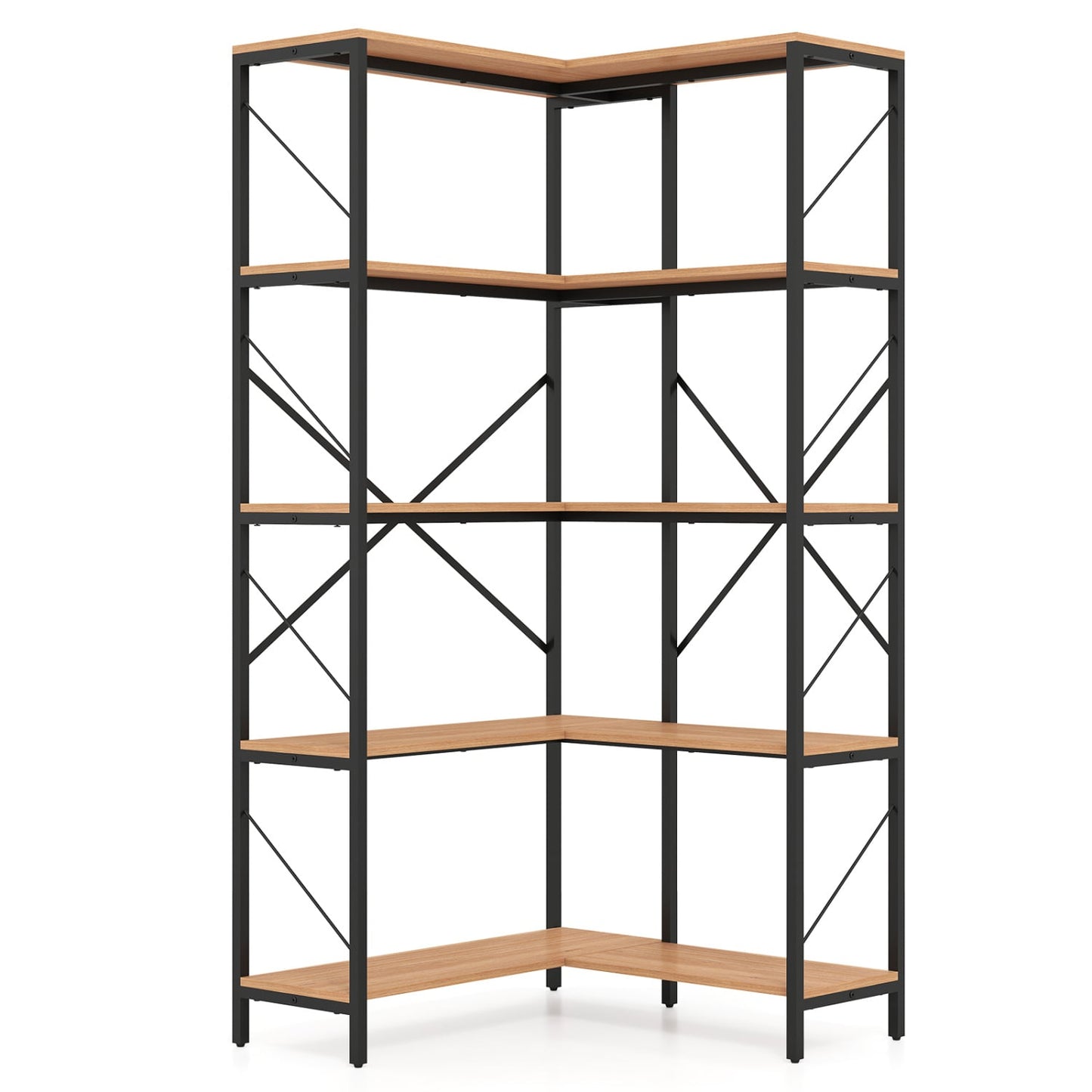 66" Tall 5-Tier L-Shaped Bookcase, Metal Frame, Brown