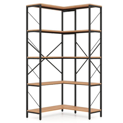 66" Tall 5-Tier L-Shaped Bookcase, Metal Frame, Brown