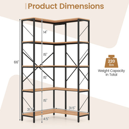 66" Tall 5-Tier L-Shaped Bookcase, Metal Frame, Brown